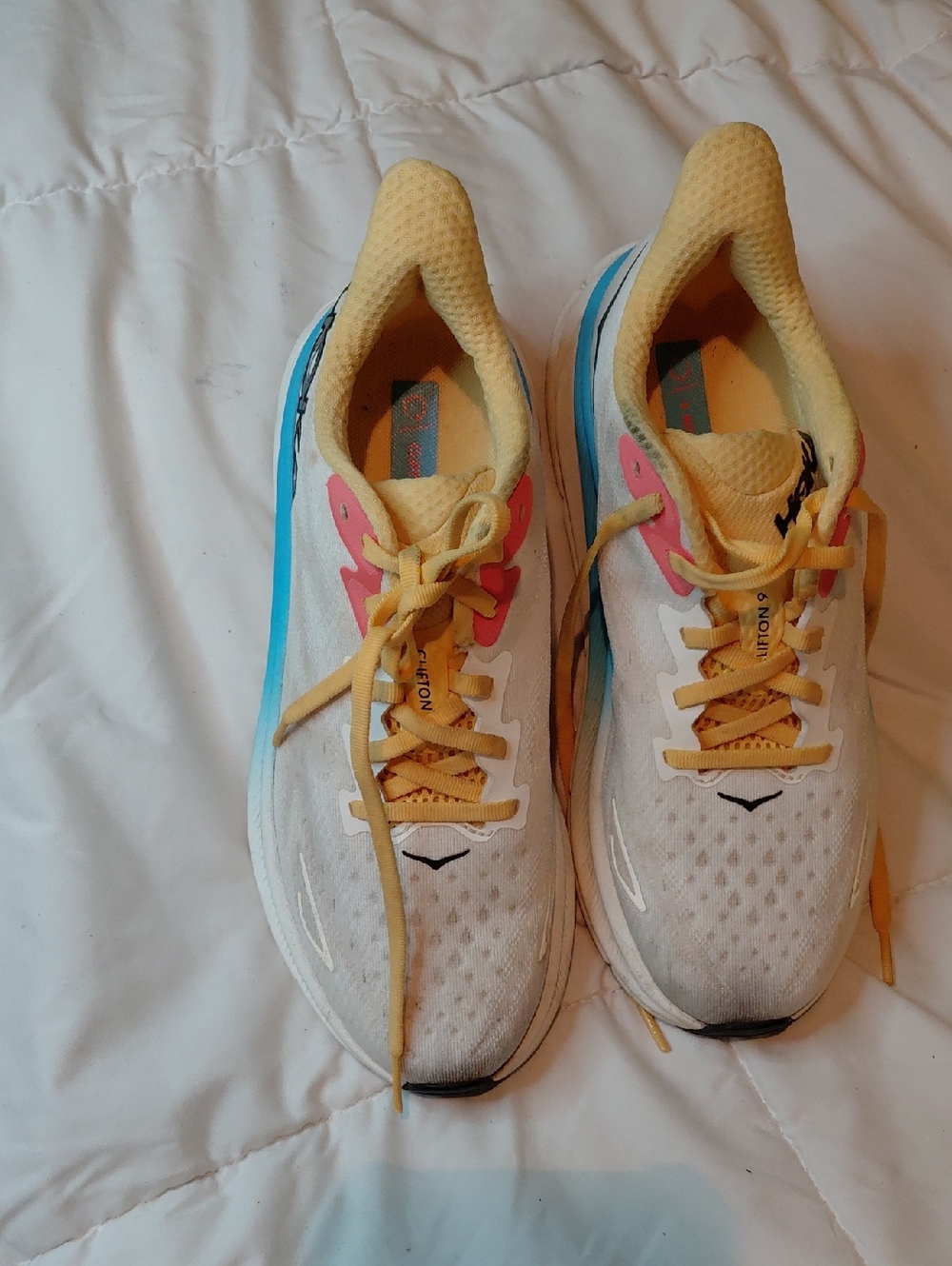 Hoka Womans Athletic Shoes - White with Yellow & Blue Accents